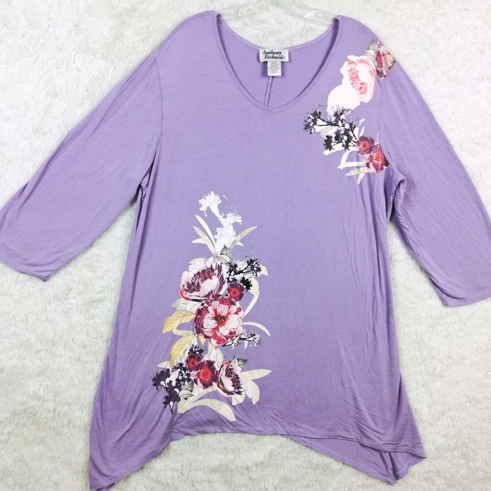 Anthony Richards Womens Top Tunic Floral Handkerchief Purple V Neck Plus 1X